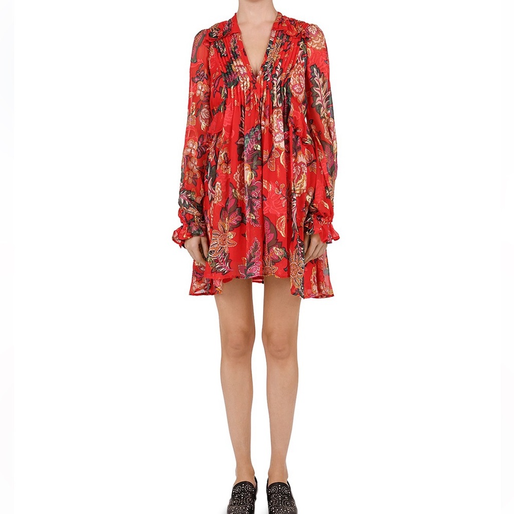 THE KOOPLES Silk Bollywood Floral Colorful Mini Babydoll Red Dress‎ SZ 1 small